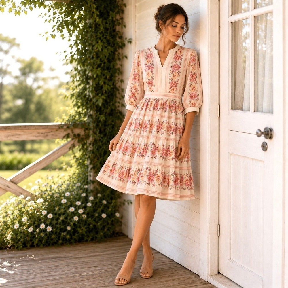 Anthropologie Fig & Flower Sz Large Midi Dress Prairie Cottage Feminine Coquette